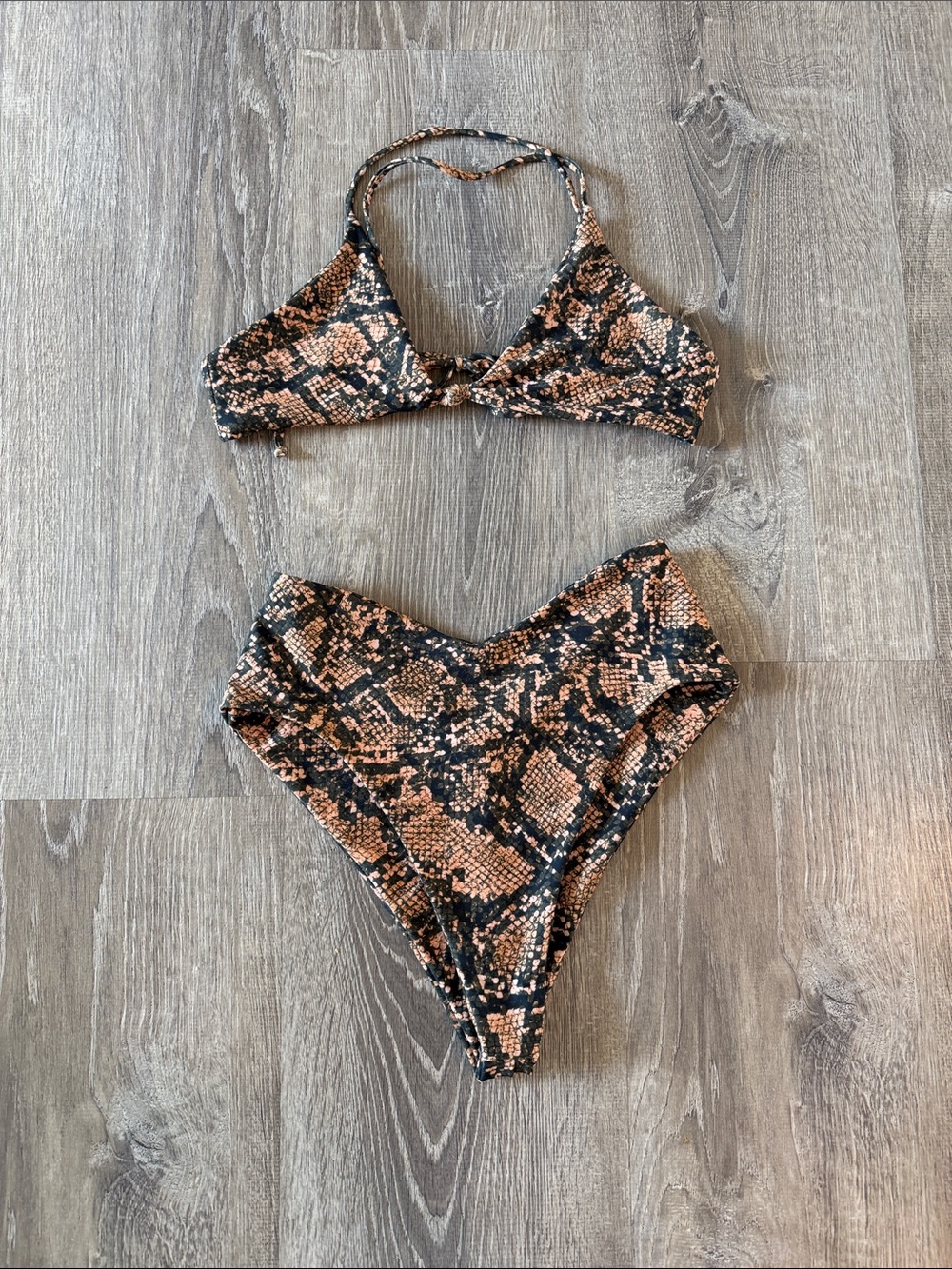 Skatie Snake-Print High-Waist Bikini - Black & Tan